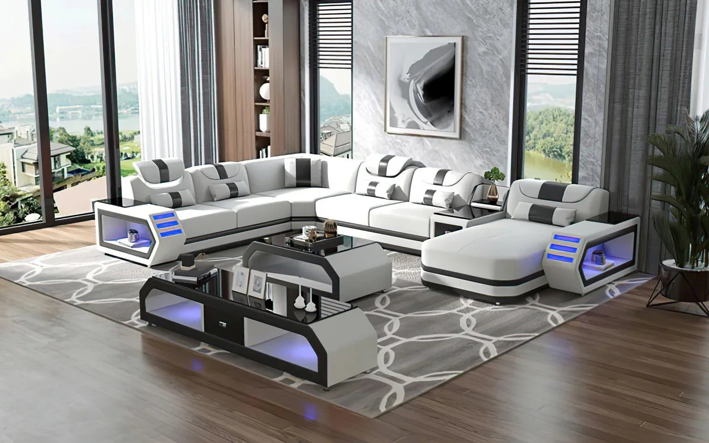 High Quality Luxury Design Leather Sectional Sofa Set with LED Light Genuine Leather Black Wholesale Living Room Furniture