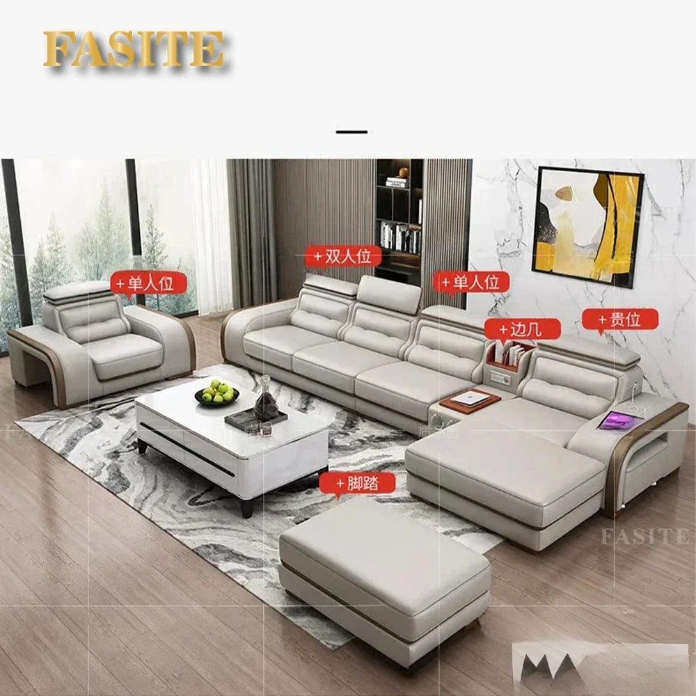 Genuine Leather Sofa With Bluetooth Speaker,USB And Adjustable Headrests - Nordic Italian Couch For Living Room Economically