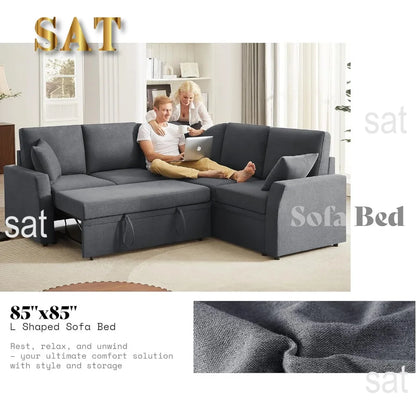 Sofa Bed, 85 Inch Reversible L Shape Couch with Pull Out Bed & Storage Seat,