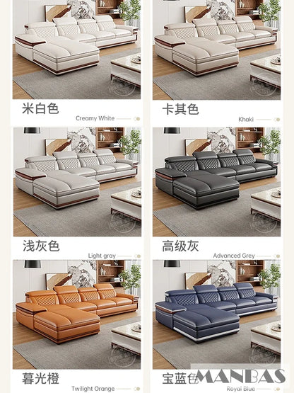 MINGDIBAO Premium Italian Genuine Leather Sofa Set for Living Room with Adjustable Headrests and Built-in Bluetooth Speaker, USB