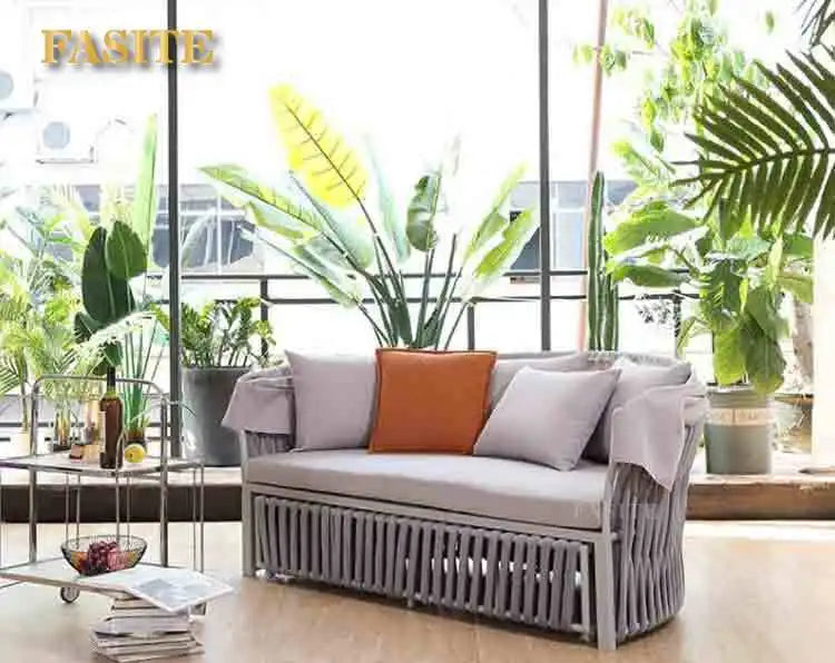 Outdoor circular bed courtyard terrace waterproof and sunscreen aluminum frame structure rope weaving storage