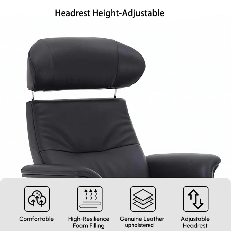 Modern Reclining Swivel Lounge Chair Walnut Black Genuine leather Ottoman include
