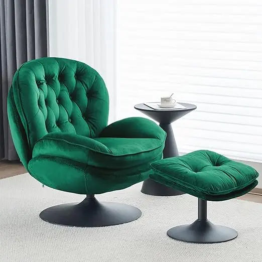 Velvet Swivel Accent Chair with Ottoman Set, Modern Tufted Armchair with Footrest for Living Room, Reading TV Chair for Adults,