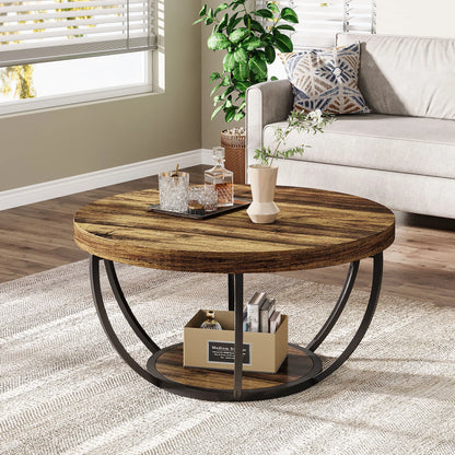 Tribesigns 31.7" Round Coffee Table, Industrial 2-Tier Circle Coffee Table with Storage Shelves, Modern Wooden Sofa Side Table