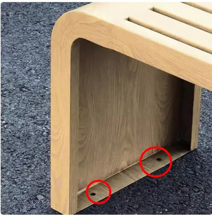 Banc carré en bois rayé et fer pour loisirs publics en plein air, jardin, cour, patio, salle de sport ou centre commercial, rangée de courses