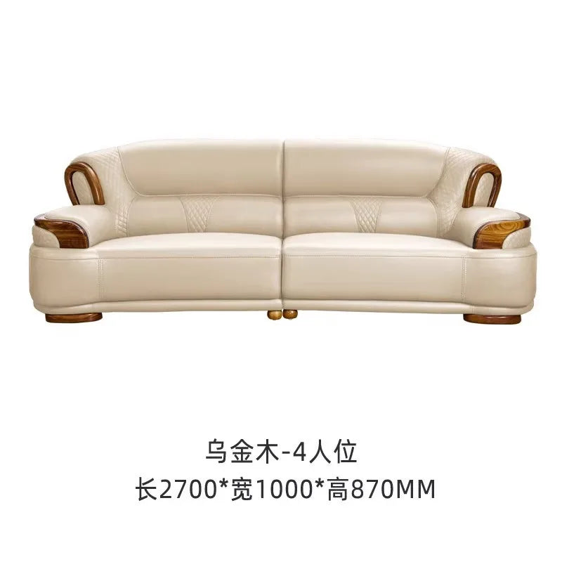 Ebony leather living room sofa combination modern simple light luxury new Chinese style solid wood first layer cowhide furniture