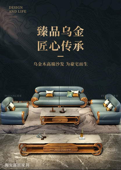 Ebony leather sofa living room new Chinese villa modern light luxury high-end sofa combination