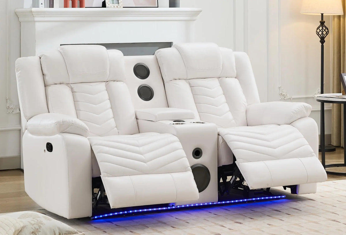 TODRANI Manual Recliner Loveseat with Bass Speaker, Faux Leather Reclining Love Seat with LED Lights, USB Charger, Cup Holder