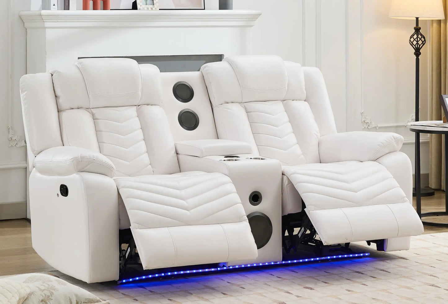 TODRANI Manual Recliner Loveseat with Bass Speaker, Faux Leather Reclining Love Seat with LED Lights, USB Charger, Cup Holder