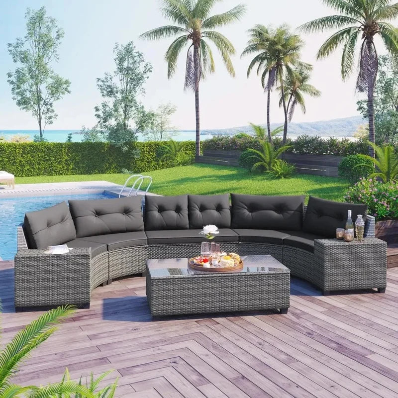 8-Piece Outdoor Wicker Patio Furniture Set with Rectangular Glass Coffee Table for Backyard Conversation