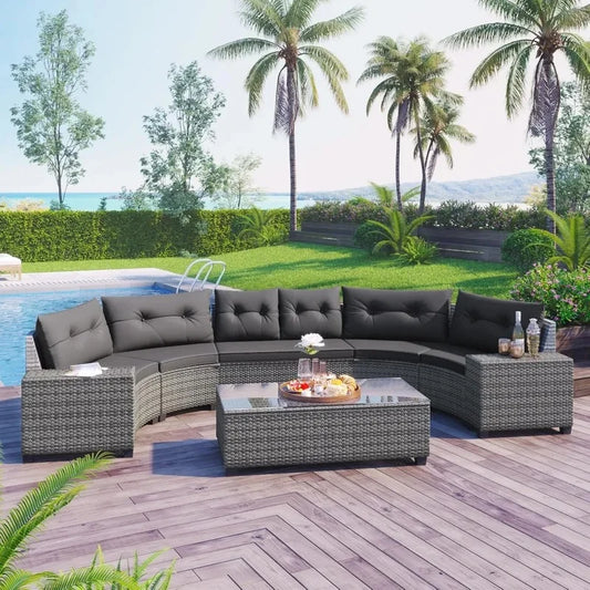 8-Piece Outdoor Wicker Patio Furniture Set with Rectangular Glass Coffee Table for Backyard Conversation