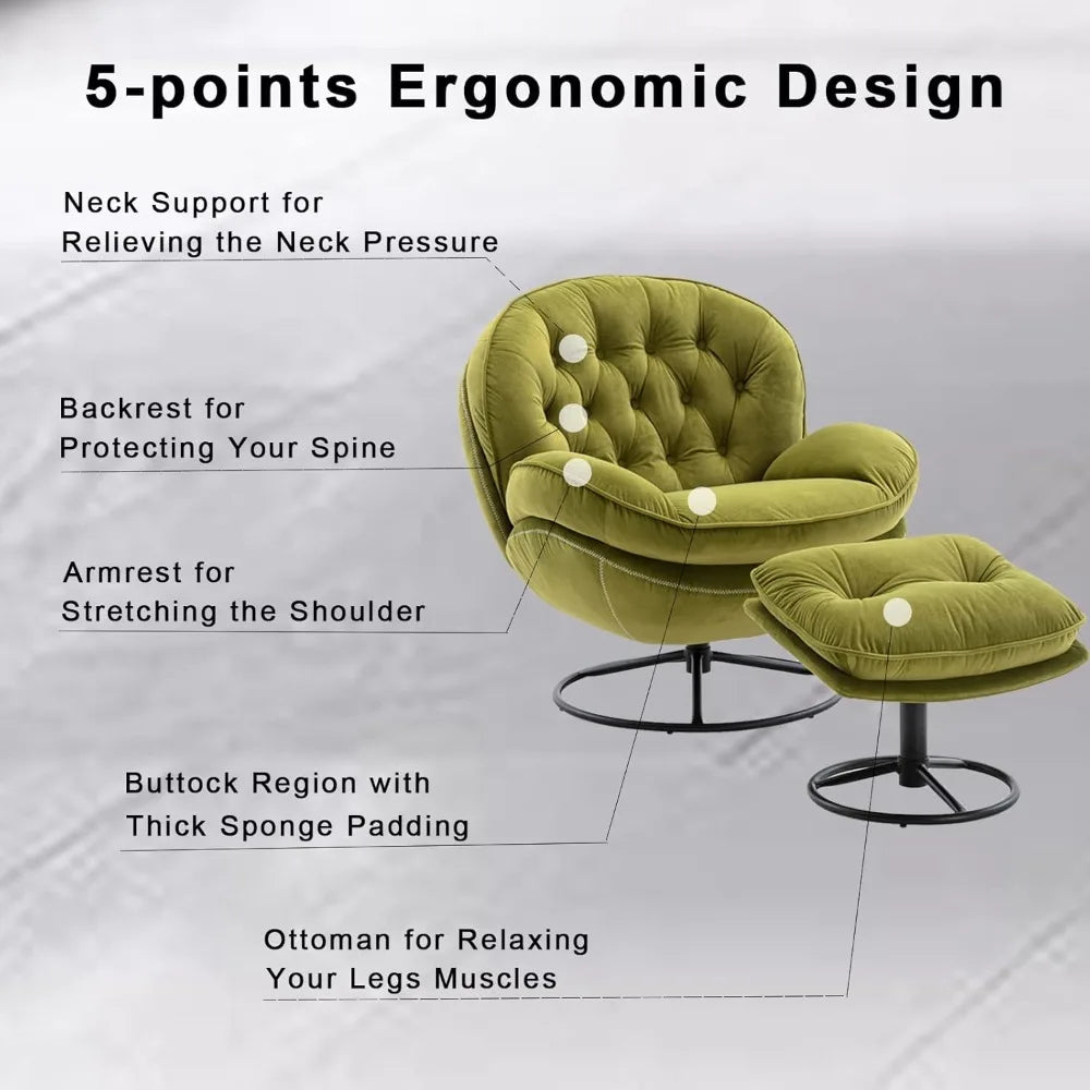 Velvet Swivel Accent Chair with Ottoman Set, Modern Lounge Chair with Footrest, Comfy Armchair with 360 Degree Swiveli