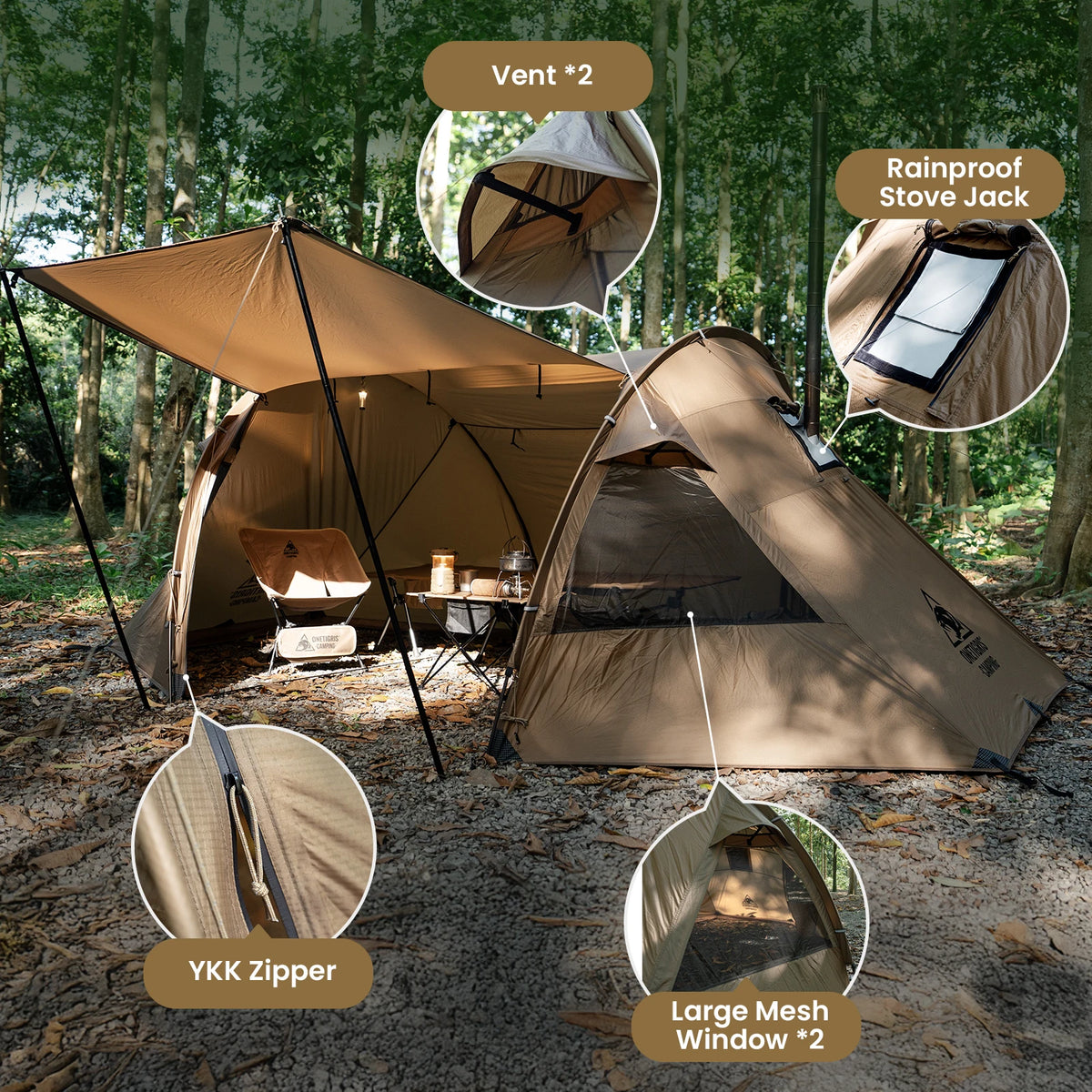 OneTigris Raven Nest Tunnel Hot Tent 2 Person Camping Shelter with Stove Jack 4 Season Waterproof Tent for Backpacking Bushcraft
