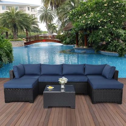 7 Pieces Outdoor PE Wicker Furniture Set Patio Rattan Sectional Conversation Sofa Set With Khaki Cushions And Glass Top Table