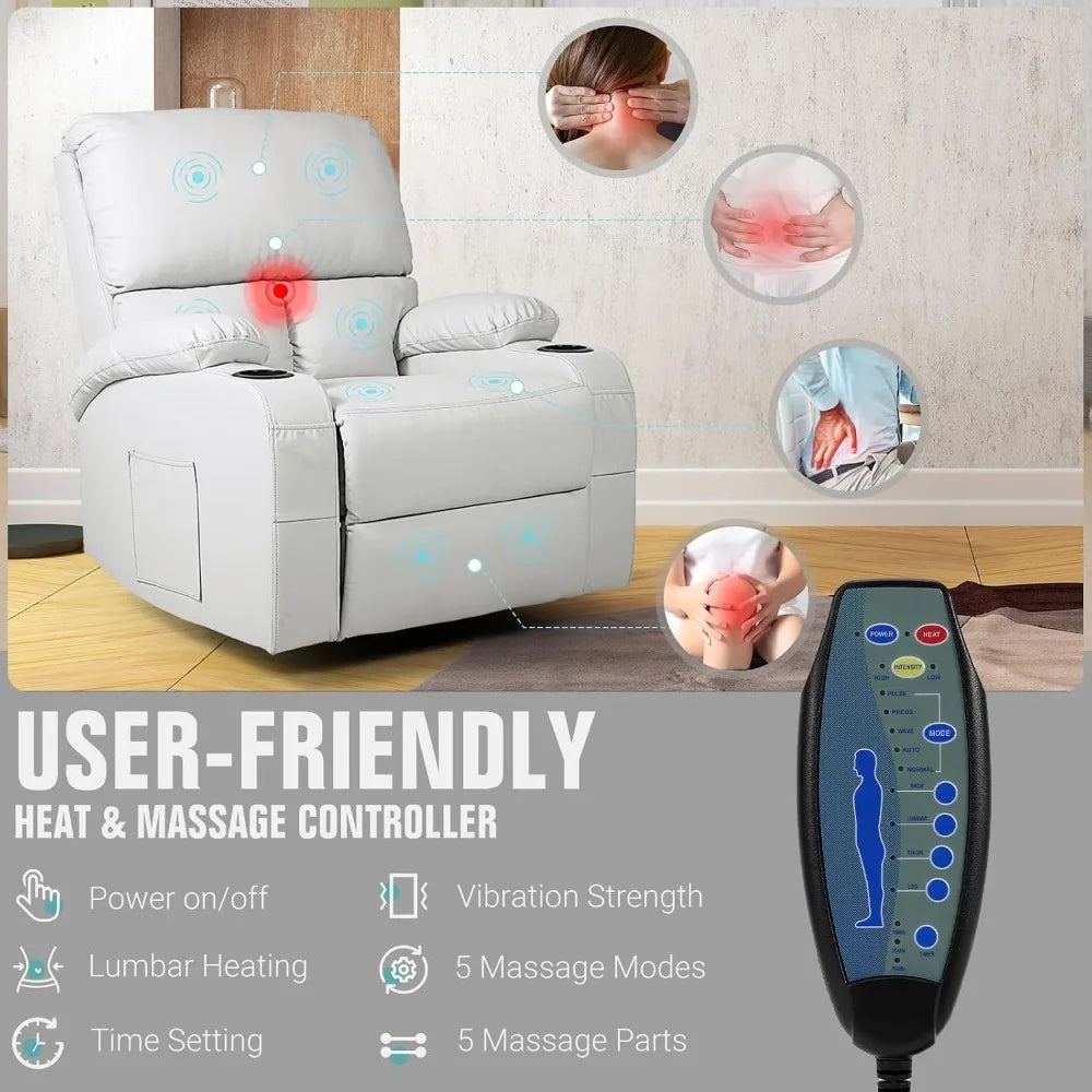 Swivel Rocker Recliner Chair with Massage Heat USB Charging Grey