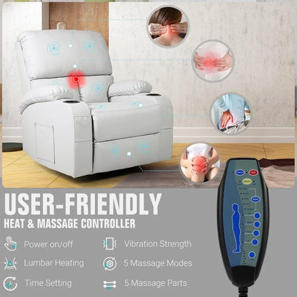 Swivel Rocker Recliner Chair with Massage Heat USB Charging Grey