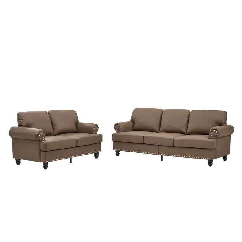 Modern Classic Design 2+3 Seater Loveseat & Sofa Leather Couch, Upholstered Imitation Cowhide Leather in Brown