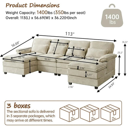Chenille Sofa Sleeper Deep Seat Sofa with 4 Throw Pillows, 4-Seater,113" U Shaped Sectional Sofa, Comfy Cloud Couch
