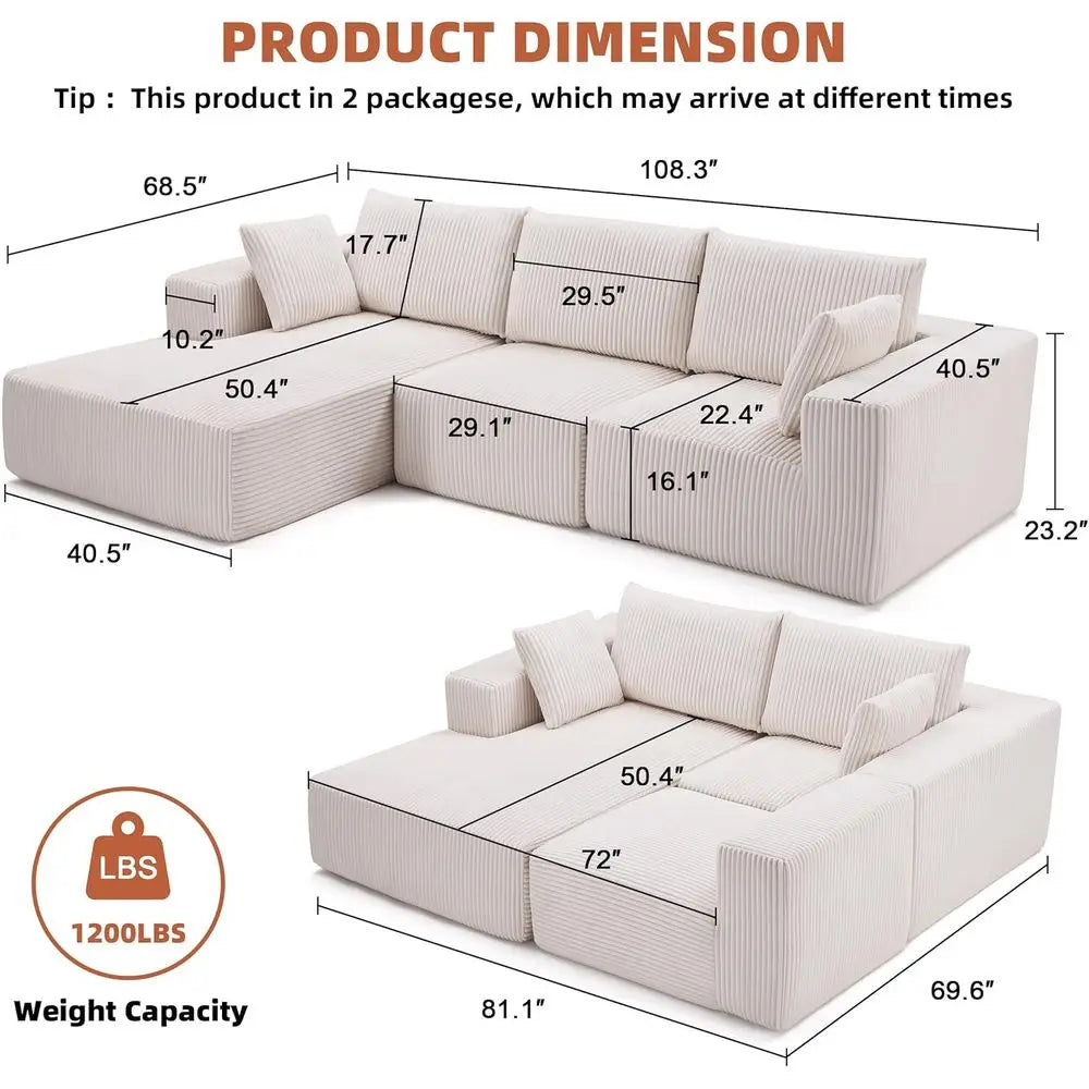 Modular Sectional Sofa, Cloud Couch with Deep Seat, Modern L-Shape Sofa with Chaise, Upholstered Couches for Living Room Bedroom