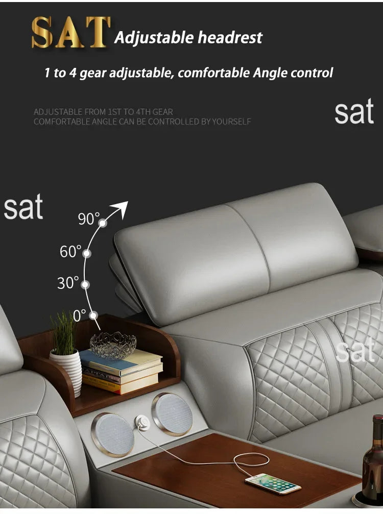 -Italian modern multifunctional sofa light luxury Faux Leather sectional sofa couch with USB charging and bluetooth speaker