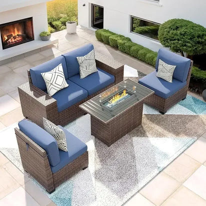 QAZ8-7 Piece Patio Furniture Set Fire Pit Table. Outdoor Conversation Sets Wicker Rattan Sectional Sofa with Coffee TSZ