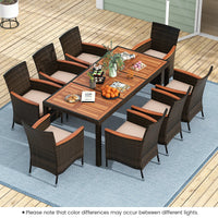 9PCS Patio Wicker Dining Set Acacia Wood Table Top Umbrella Hole Cushions Chairs