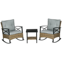 Rocking Bistro Set 3PC Wicker Outdoor Furniture with Rocker Chairs Cushions Coffee Table Light Grey