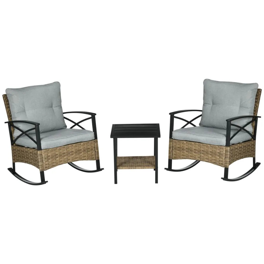 Rocking Bistro Set 3PC Wicker Outdoor Furniture with Rocker Chairs Cushions Coffee Table Light Grey