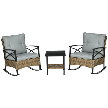 Rocking Bistro Set 3PC Wicker Outdoor Furniture with Rocker Chairs Cushions Coffee Table Light Grey