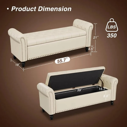 Bedroom Bench, End of Bed Bench with Storage, 55-Inch Bed Benches for Foot of Bed, Faux Leather Window Bench