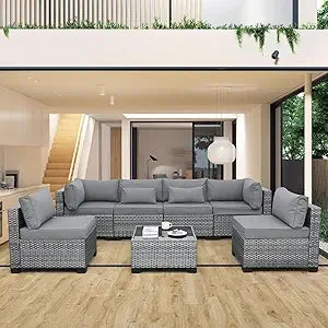 7-Piece Outdoor PE Wicker Furniture Set: Black Rattan Patio Sectional Sofa with Washable Khaki Cushions