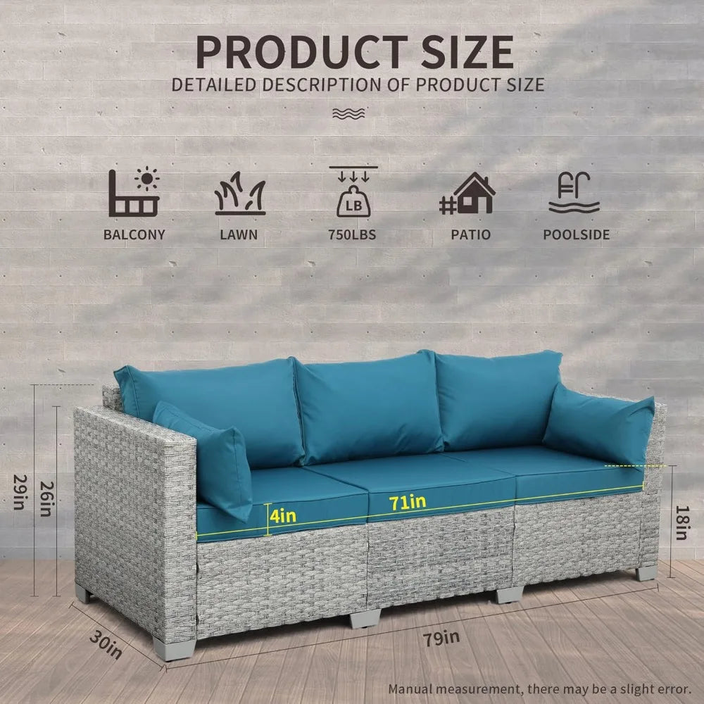 Outdoor Couch 3 Seater Wicker Patio Sofa Grey Rattan Deep Seat Balcony Furniture Porch Seating with Peacock Blue Cushion