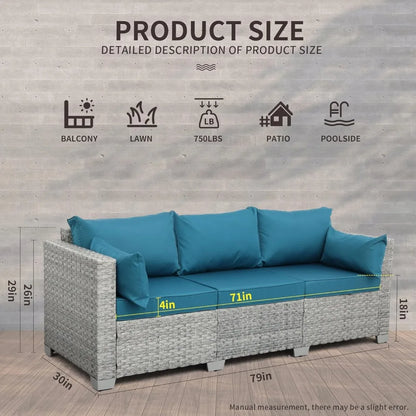 Outdoor Couch 3 Seater Wicker Patio Sofa Grey Rattan Deep Seat Balcony Furniture Porch Seating with Peacock Blue Cushion