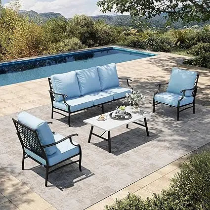 Furniture 4 Piece Patio Furniture Set, 2 X Metal Frame Cushioned Chair, 3-Seat Sofa With Marbling Coffee Table, All Weahter Oout