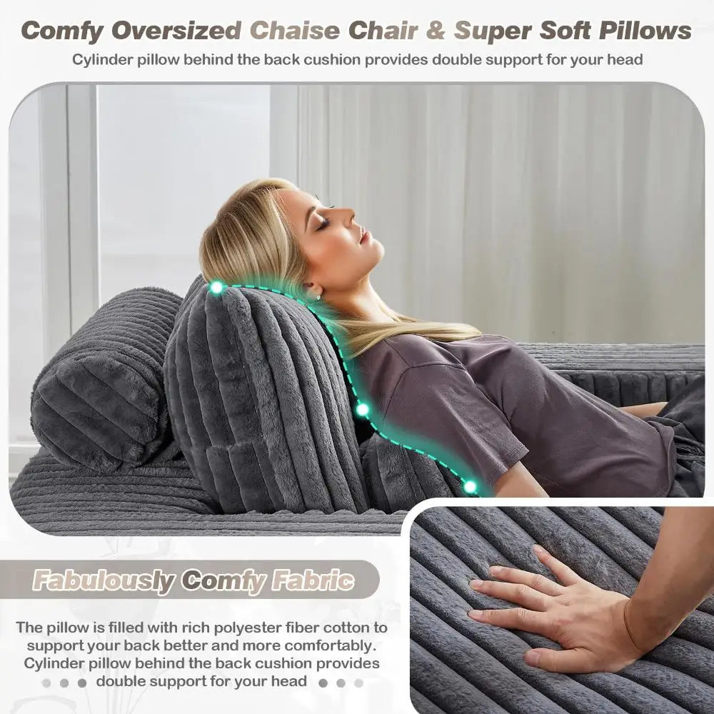 Oversized Chaise Longue Chair Indoor, Modern 48.5-inch Upholstered Corduroy Deep Seat Single Cloud Lounge Floor Sofa Couch