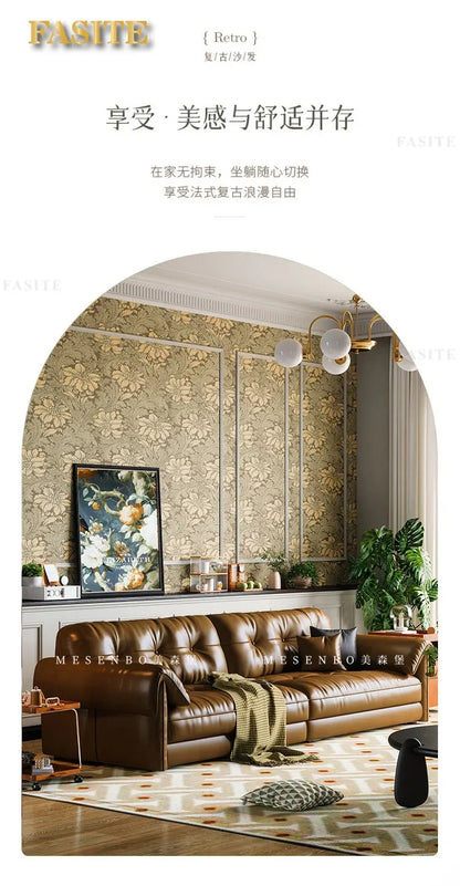 Oil wax leather sofa, French retro style, large and small apartment, living room straight combination