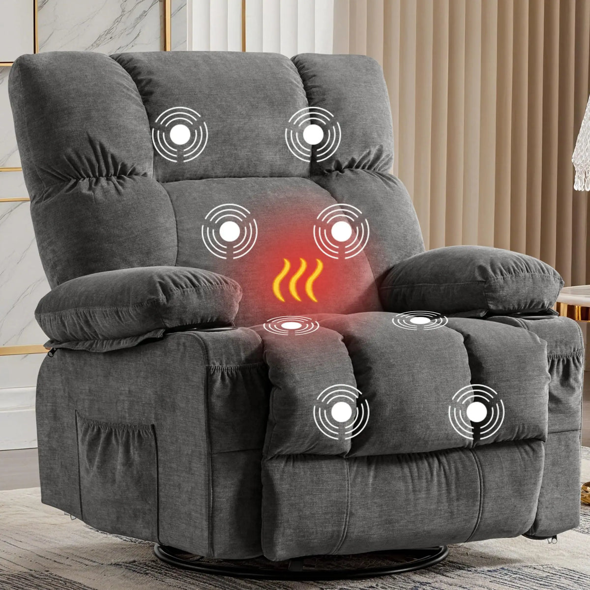 MAHOMICO Recliner Chair Oversized Swivel Rocker with Vibration Massage & Lumbar Heating, 360° Swivel, USB Charging Port