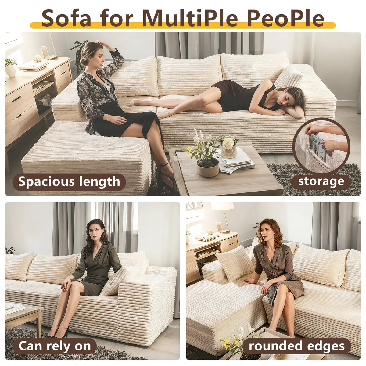 Sofa Relax in Comfort  Cloud-Like Corduroy Sectional Sofa with Chaise and Built-In Storage