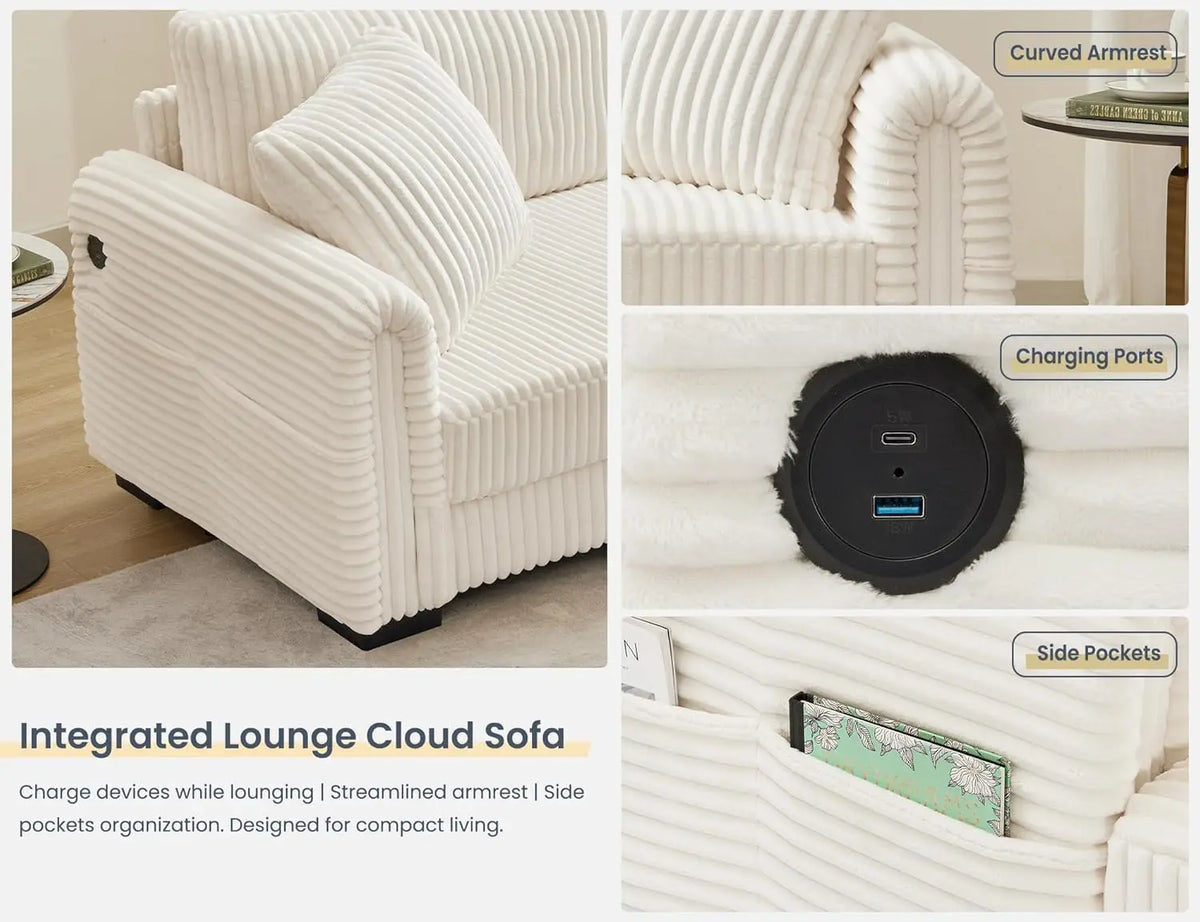 L-Shaped Sectional Sofa, Oversized Loveseat Corduroy Couch with Reversible Chaise, USB Charging Port, Side Pocket, Deep Seat Cor