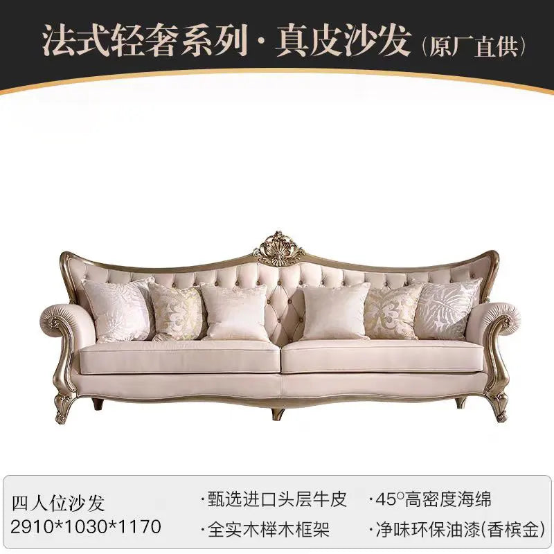French cream wind solid wood leather living room sofa combination luxury villa sofa high-end luxury