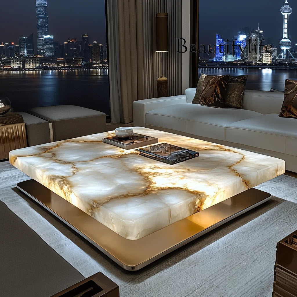 Square luminous jade coffee table living room high-end marble household light luxury minimalist luxury stone
