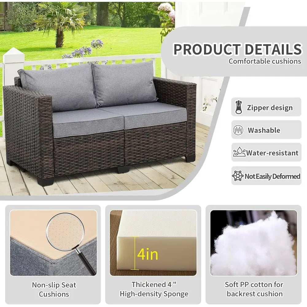 Patio PE Wicker Couch Furniture Loveseat Outdoor Brown Rattan Sofa with Washable Cushions (Grey)