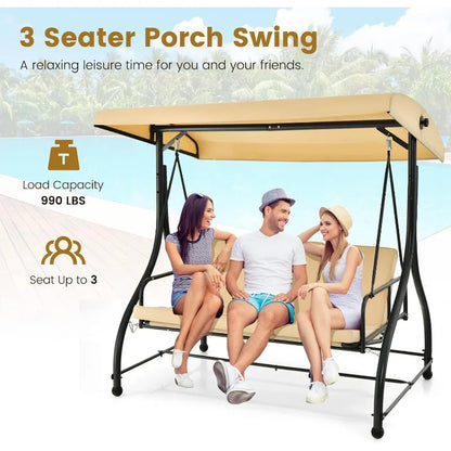 3 Person Porch Swing, 2-in-1 Convertible Patio Swing Bed with Removable Cushions, Solid Steel Structure, Outdoor Swing