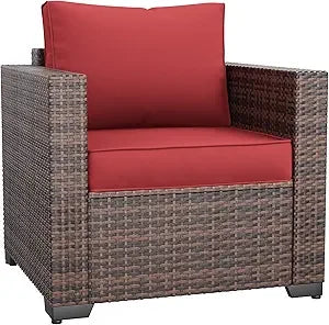 Wicker Outdoor Sofa & Patio Couch Set - High Back Waterproof Patio Furniture Single Armrest Chair with Non-Slip Cushions, Outdo