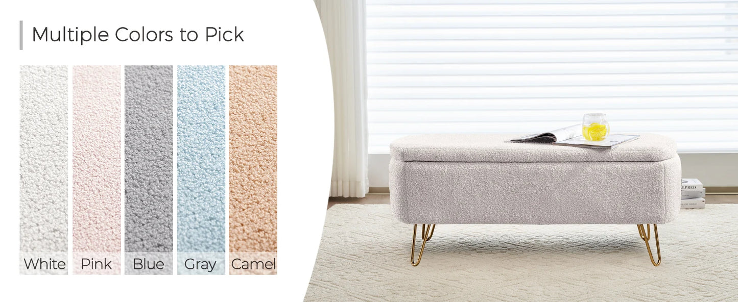 40" Boucle Sherpa Upholstered Ottoman Bench with Gold Legs - Storage for Bedroom End, Entryway, Living Room