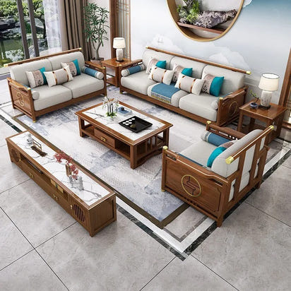 New Chinese-style solid wood sofa combination modern simple Zen Chinese style living room concubine corner wooden light luxury