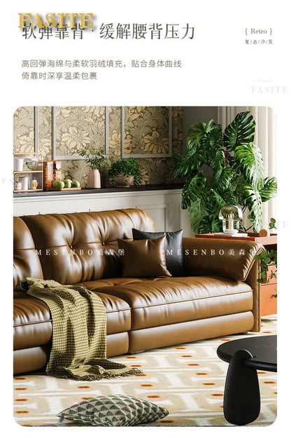 Oil wax leather sofa, French retro style, large and small apartment, living room straight combination