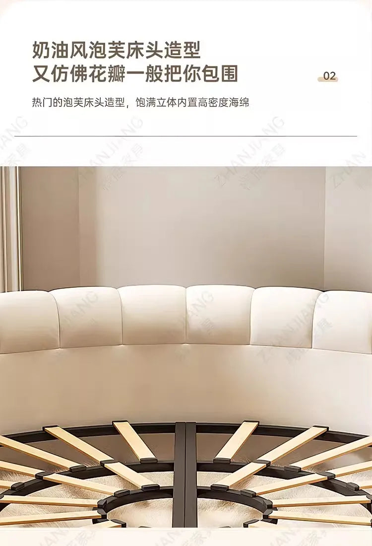 Bedroom Furniture Fabric Cream Style Double Wedding Bed Modern 200 X 200 Home Hotel Design Round Bed King Size Wooden Wood