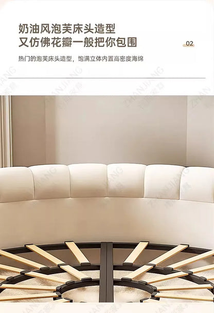 Bedroom Furniture Fabric Cream Style Double Wedding Bed Modern 200 X 200 Home Hotel Design Round Bed King Size Wooden Wood