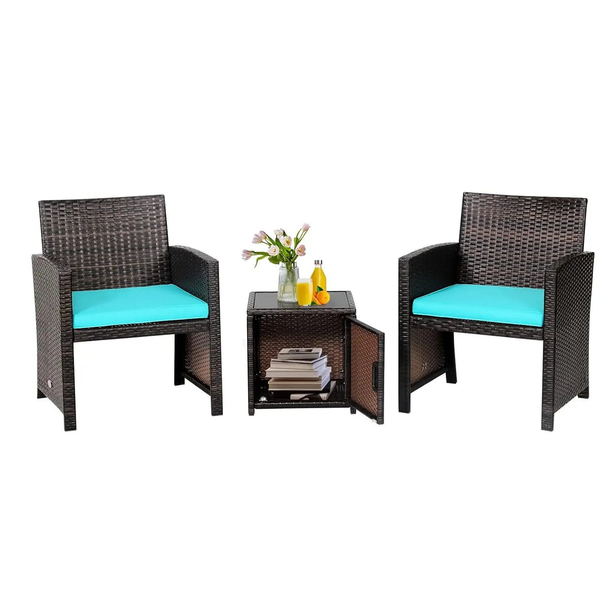 3 Pieces Outdoor Wicker Conversation Set with Waterproof Cover, 2 Patio PE Rattan Cushioned Chairs with Side Storage Table, Suit